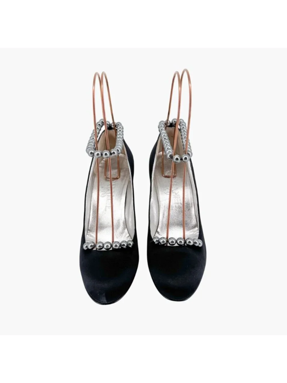 Chanel Pearl Ankle Strap Pumps Heels Black Satin Size 38 US 7–7.5 Women Anklet - Picture 2 of 15